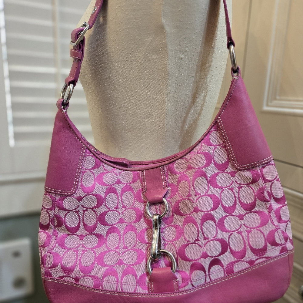 Y2K Pink Leather & Canvas Coach Hamilton Clip Hobo Bag Purse